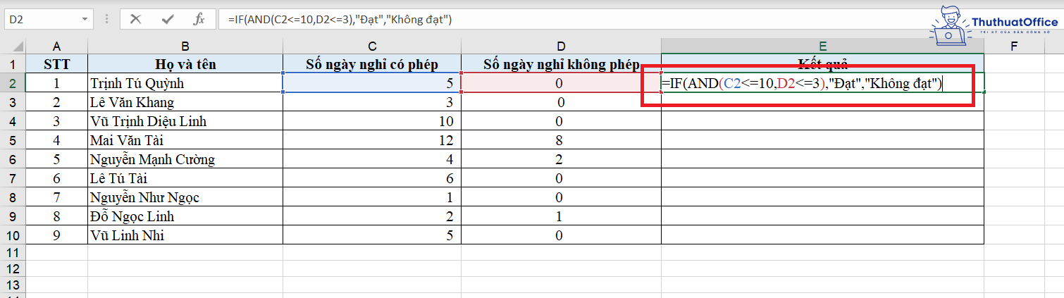 hàm AND trong Excel