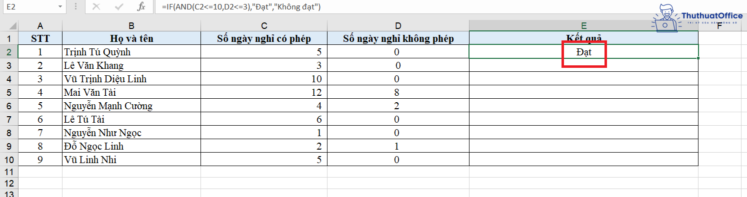 hàm AND trong Excel