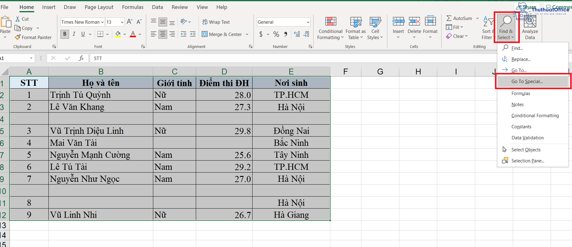 xóa dòng trống trong Excel