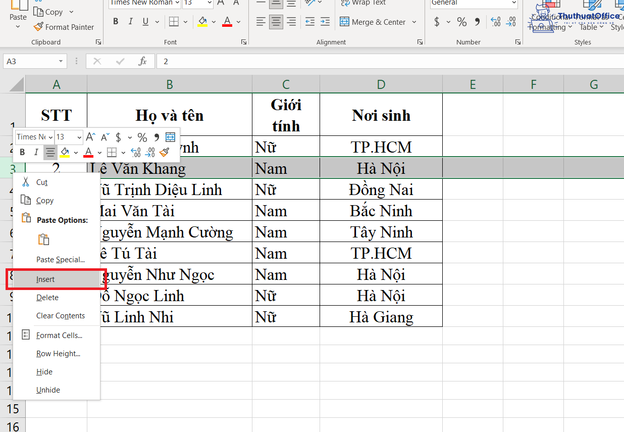 thêm dòng trong Excel