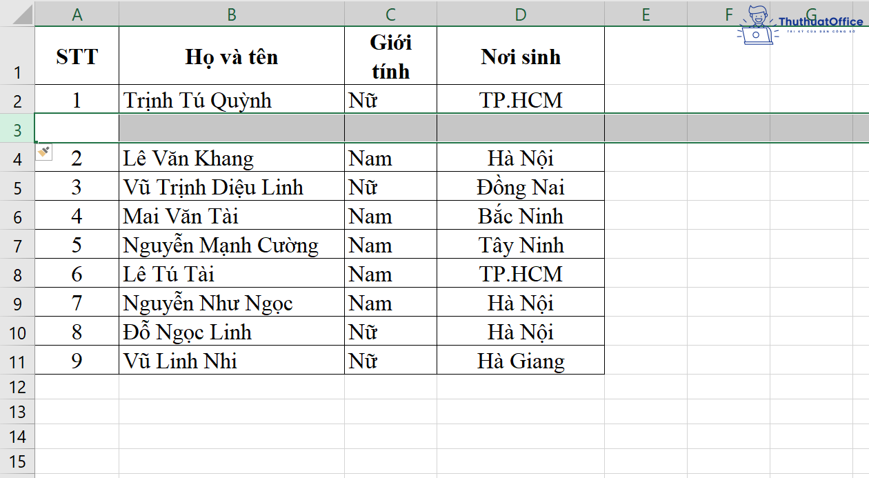 thêm dòng trong Excel