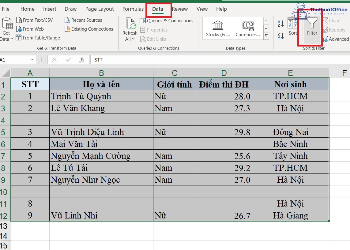 xóa dòng trống trong Excel