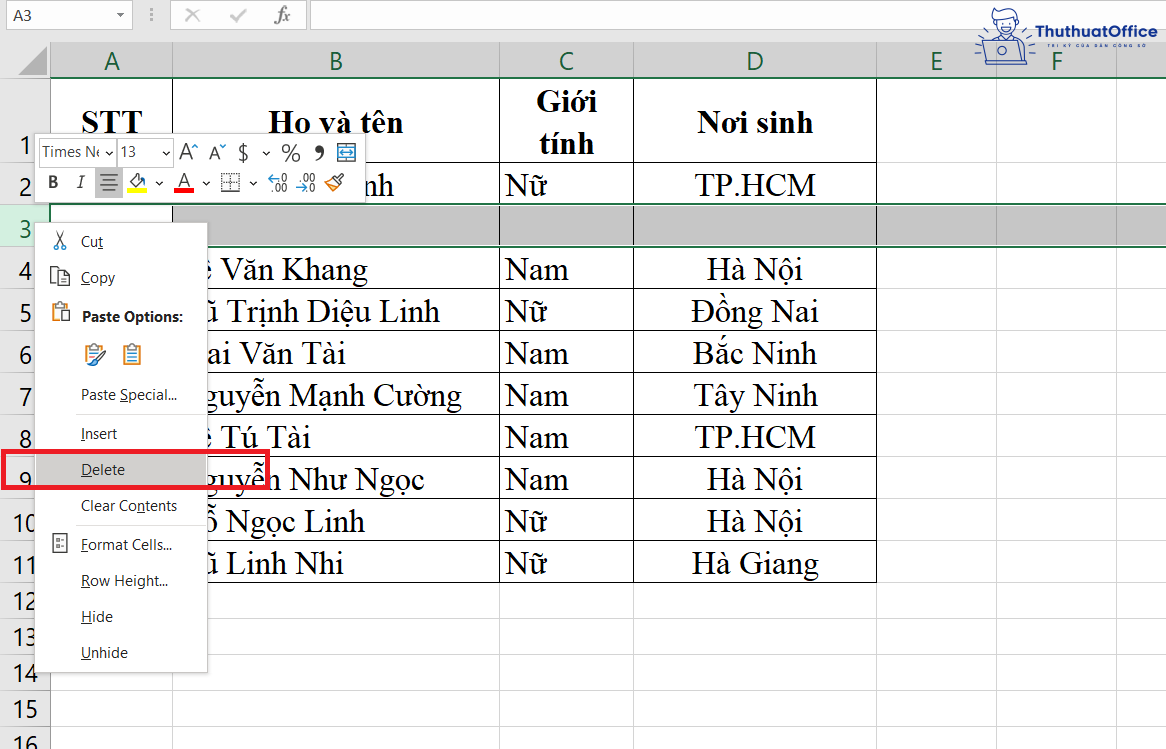 thêm dòng trong Excel