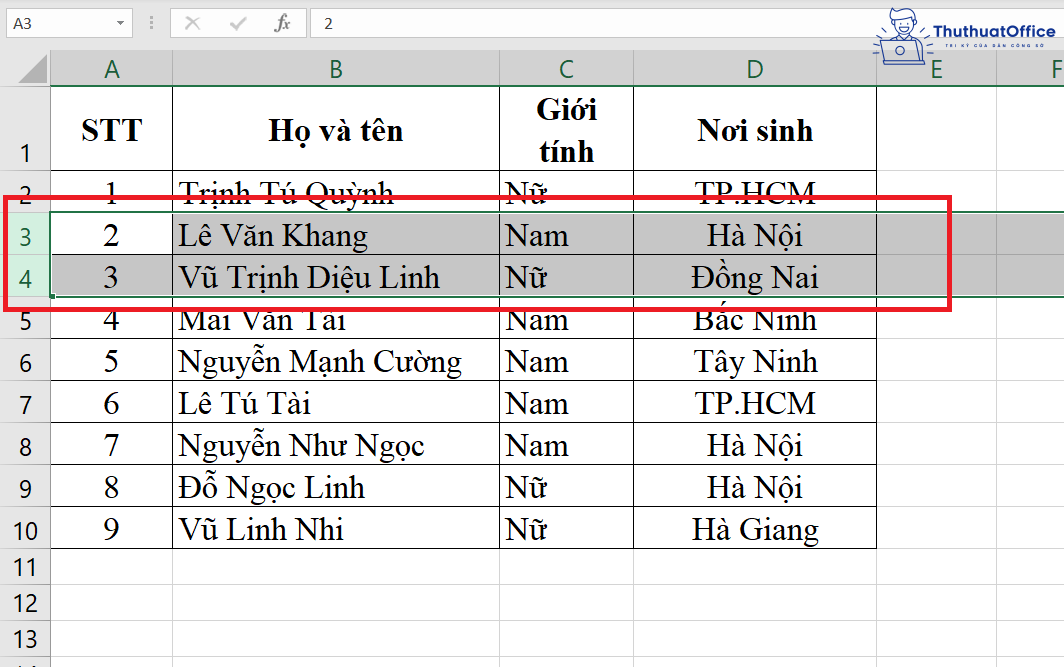 thêm dòng trong Excel