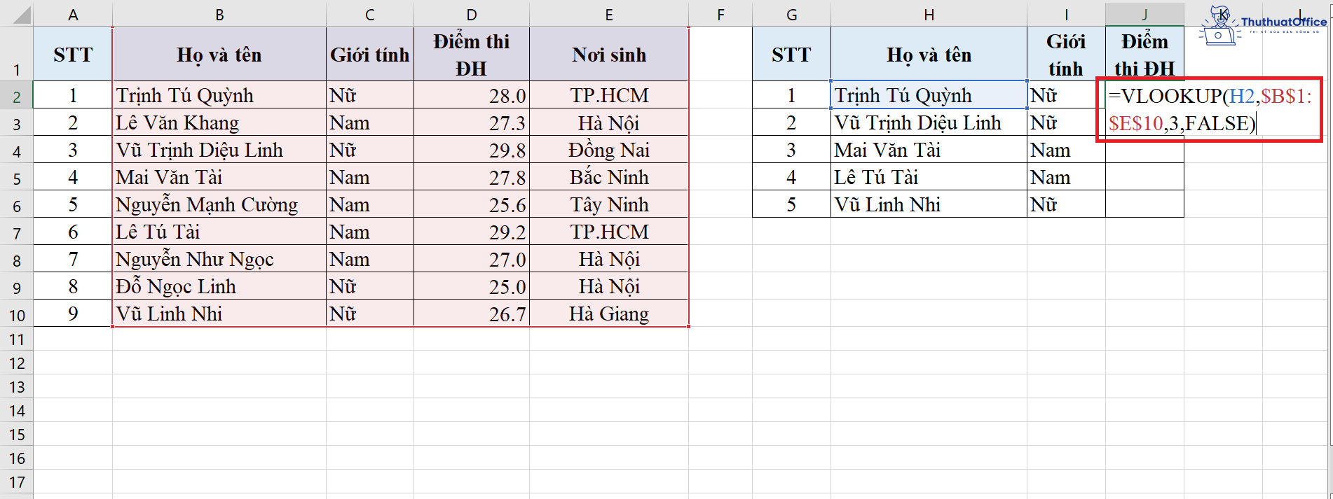 hàm VLOOKUP trong Excel