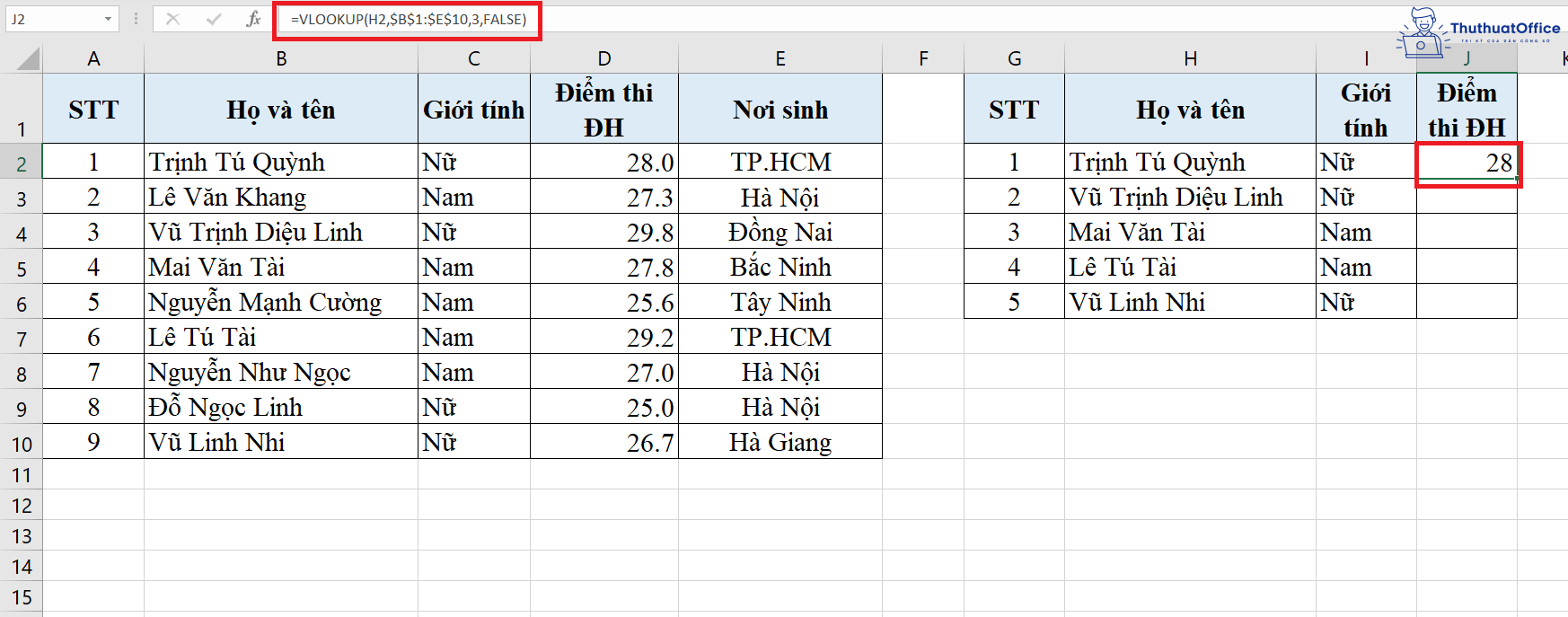 hàm VLOOKUP trong Excel