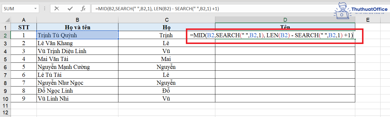 hàm MID trong Excel