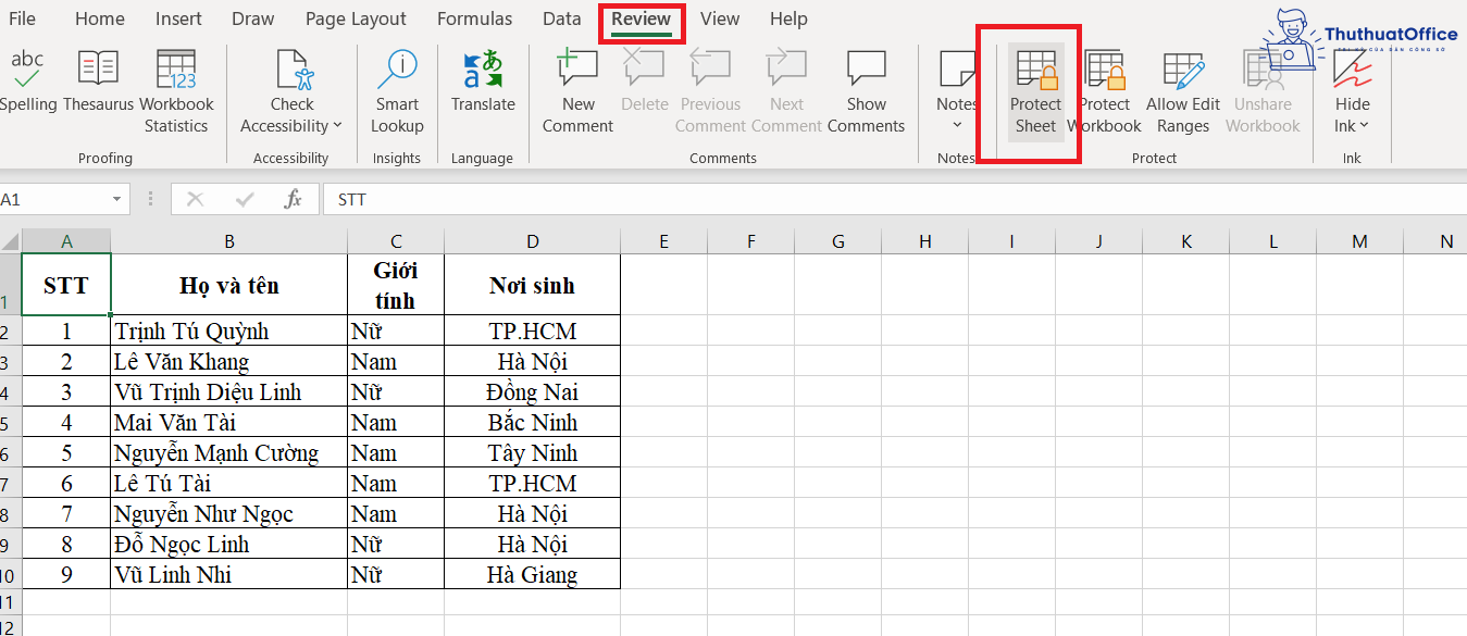 khoá file Excel