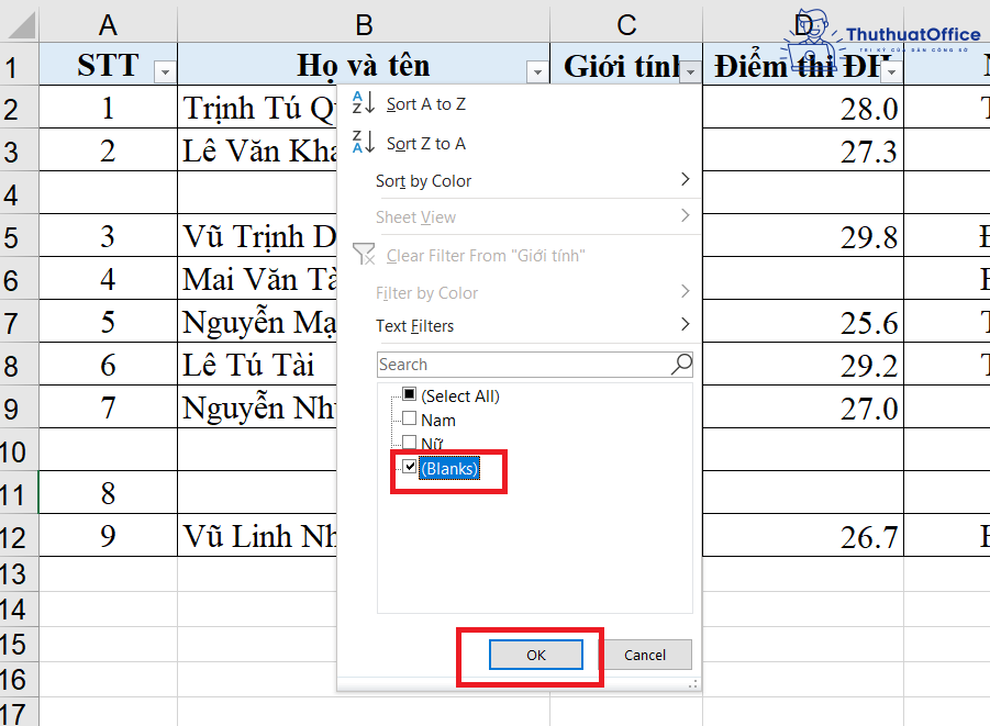 xóa dòng trống trong Excel