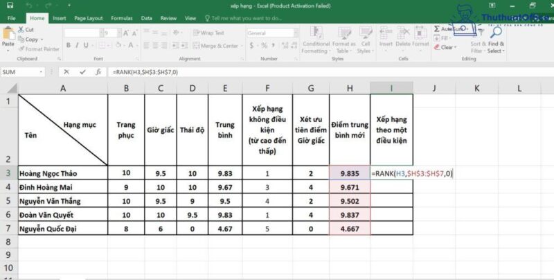 xếp hạng trong Excel