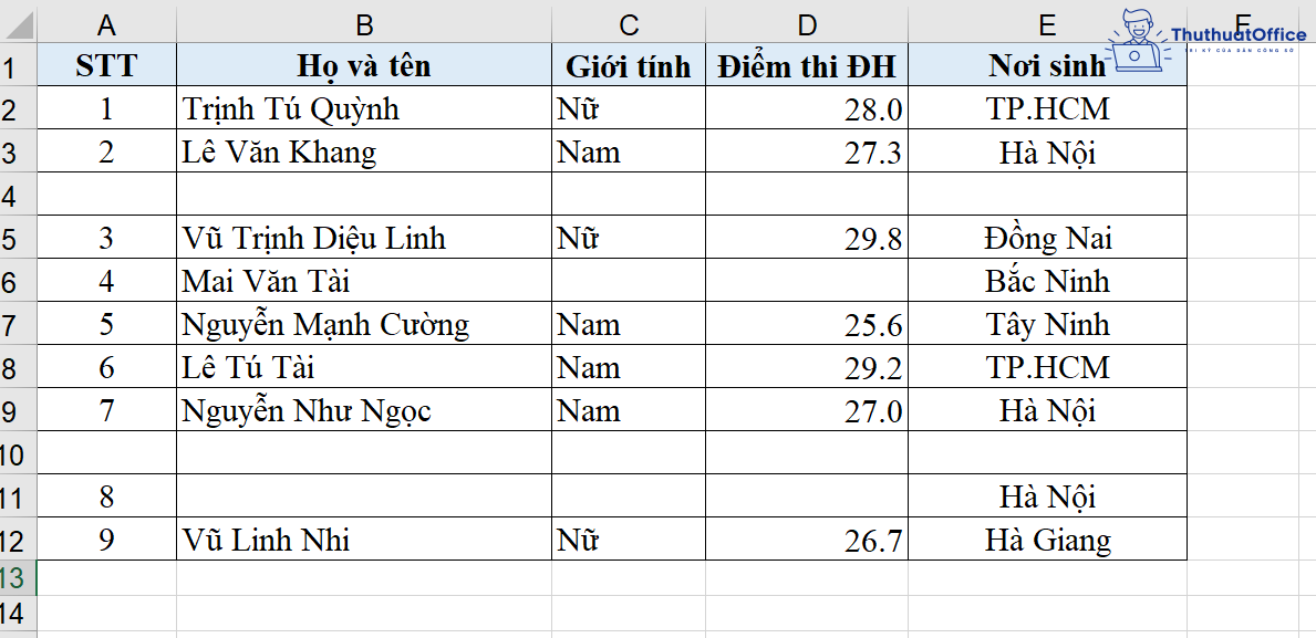 xóa dòng trống trong Excel