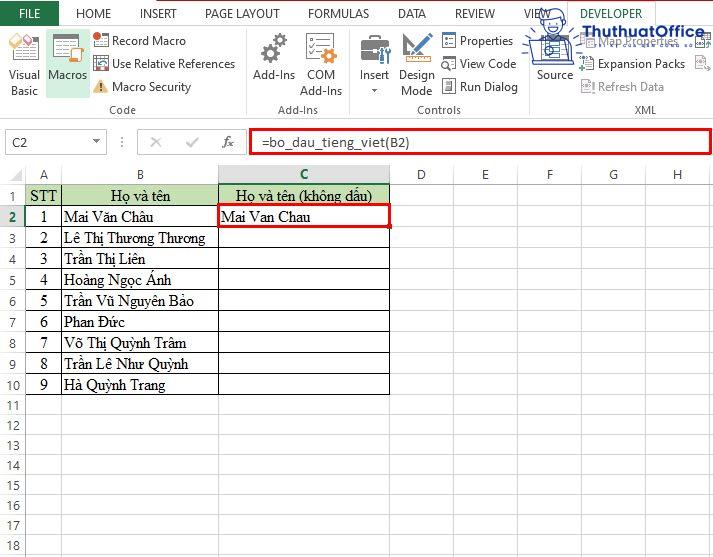 bỏ dấu trong Excel