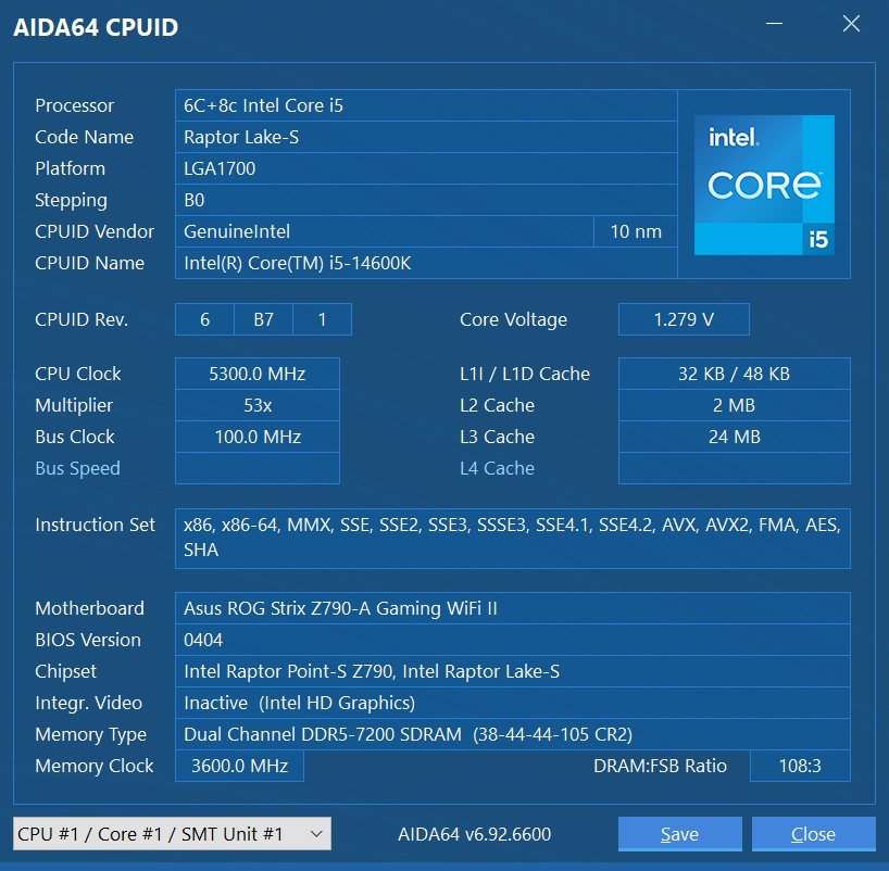 Intel Core i5-14600K - Aida64 CPUID