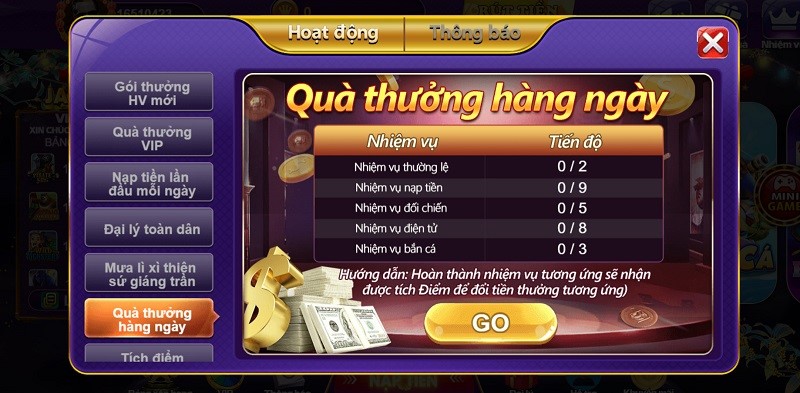 Quà thưởng mỗi ngày tại 68 game bài