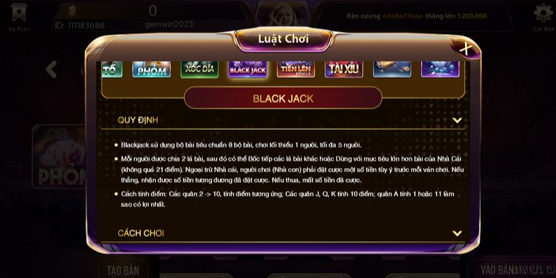 Blackjack - tựa game bài đổi thưởng Gemwin