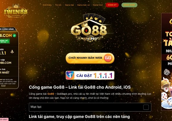 Giao diện của trang chủ cổng game Go88 Apk Pro