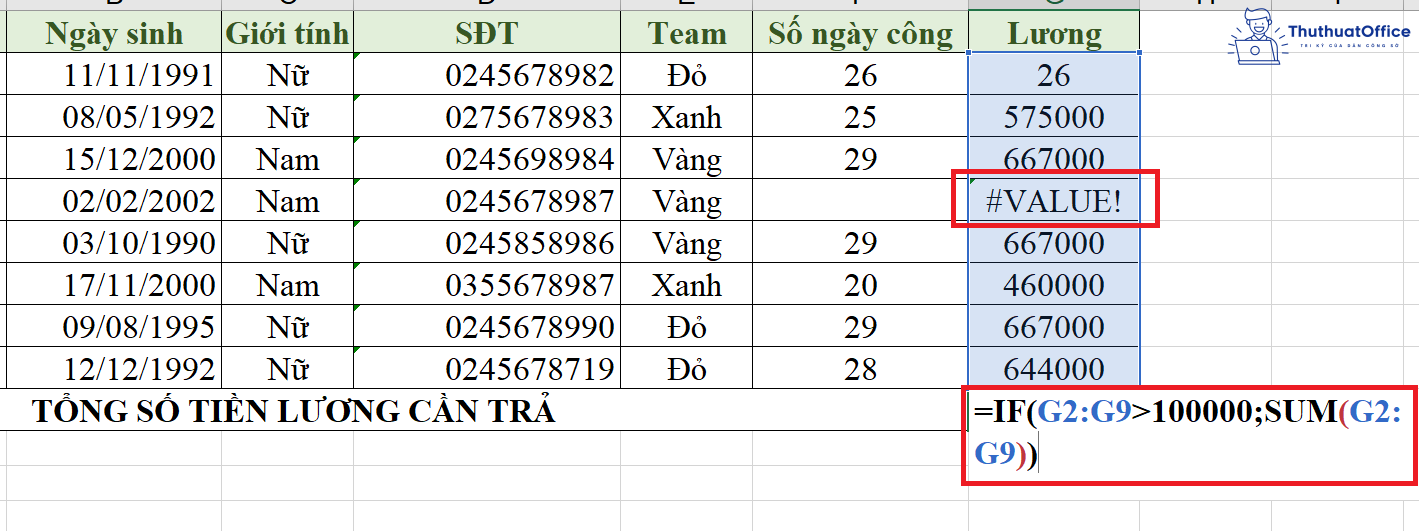 lỗi #VALUE! trong Excel