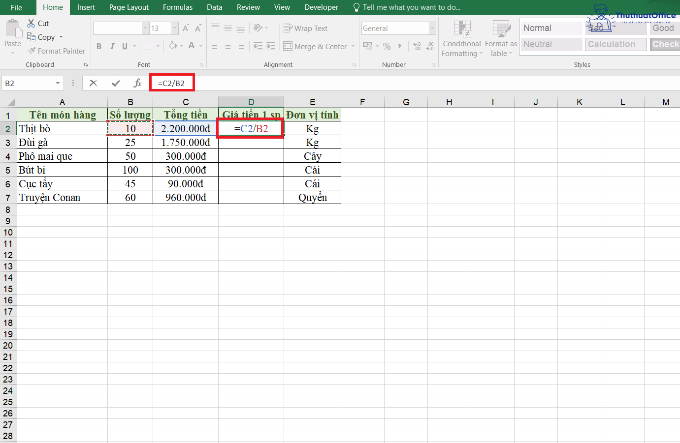 Cách sử dụng các phép chia trong Excel 2 phép chia trong Excel