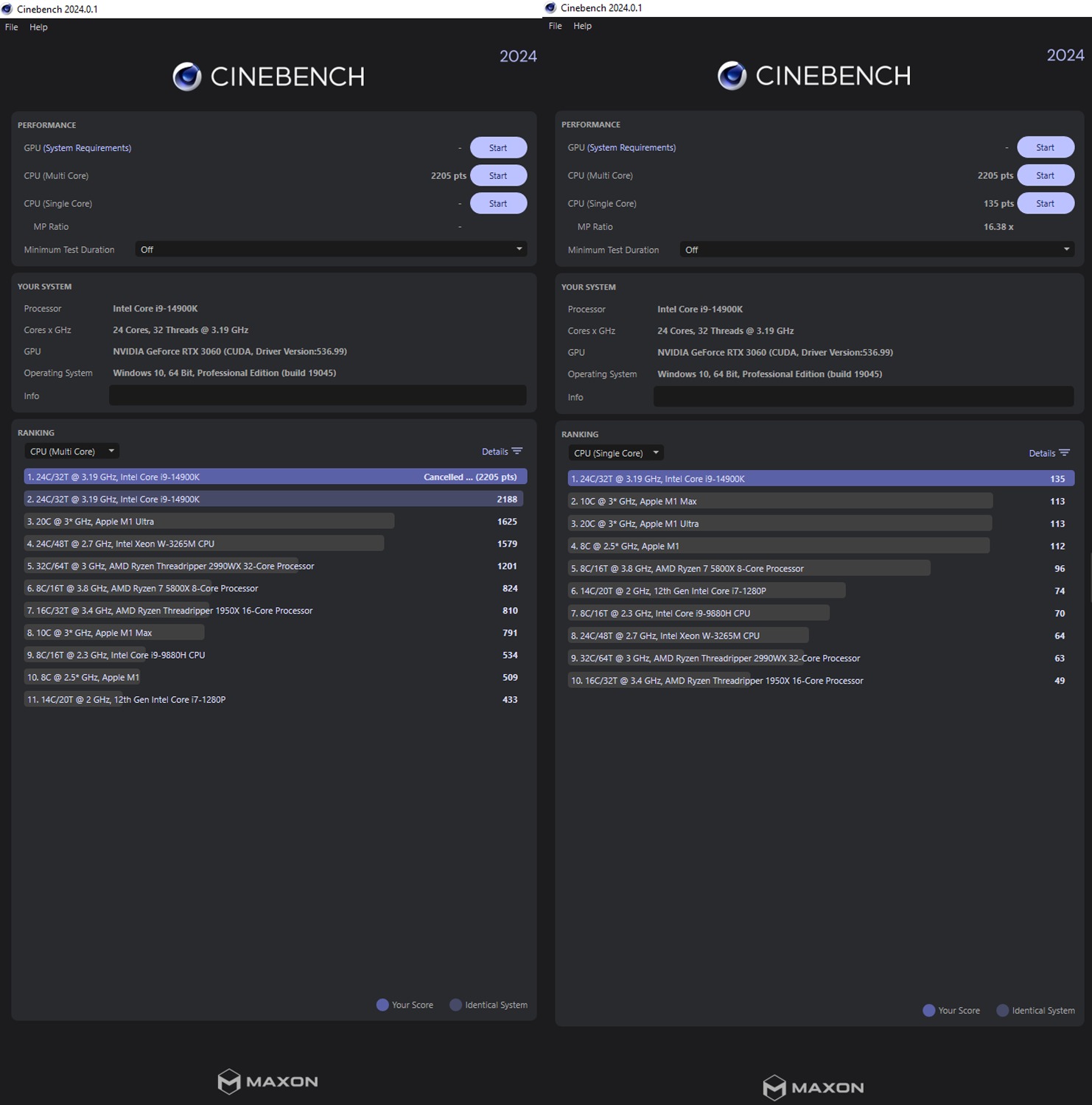 hieu-nang-i9-14900k Chạy thử nghiệm trên phần mền Cinebench 2024